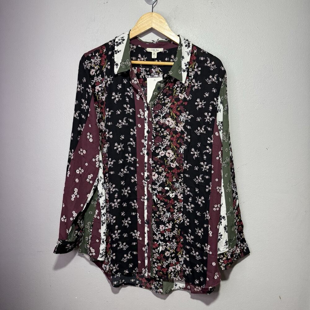 Como Blu Women’s 2X Button Front Floral Patchwork Blouse Long Sleeve Boho - Picture 5 of 10